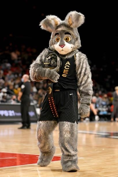 Las Vegas Aces mascot BUCKET$ walks on the court during Game Two of the 2021 WNBA Playoffs semifinals between the Aces and the Phoenix Mercury at...