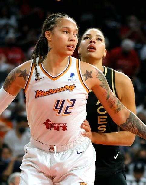 Brittney Griner of the Phoenix Mercury boxes out Liz Cambage of the Las Vegas Aces during a free throw attempt by the Aces during Game Two of the...