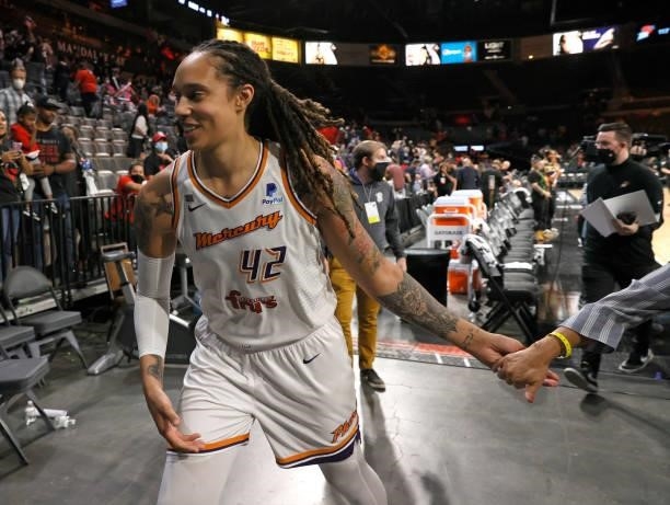 Brittney Griner of the Phoenix Mercury leaves the court after Game Two of the 2021 WNBA Playoffs semifinals against the Las Vegas Aces at Michelob...