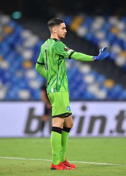 Alex Meret of SSC Napoli gentures during the UEFA Europa League group C match between SSC Napoli and Spartak Moskva at Stadio Diego Armando Maradona...