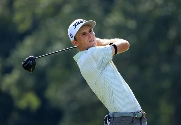 Will Zalatoris plays his shot from the 18th tee during round two of the Sanderson Farms Championship at the Country Club of Jackson on October 01,...