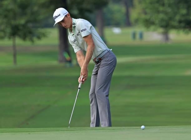 Will Zalatoris putts on the sixth green during round two of the Sanderson Farms Championship at the Country Club of Jackson on October 01, 2021 in...