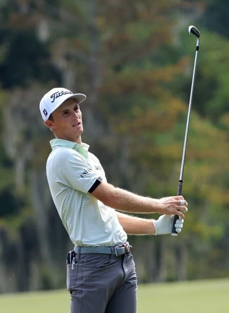 Will Zalatoris plays his shot from the eighth tee during round two of the Sanderson Farms Championship at the Country Club of Jackson on October 01,...