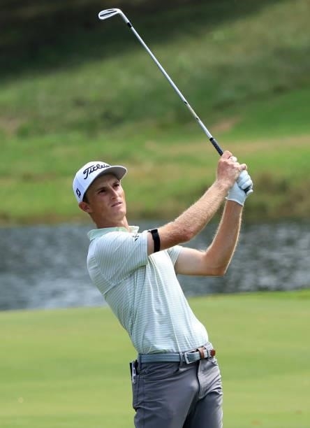 Will Zalatoris plays his shot on the eighth hole during round two of the Sanderson Farms Championship at the Country Club of Jackson on October 01,...