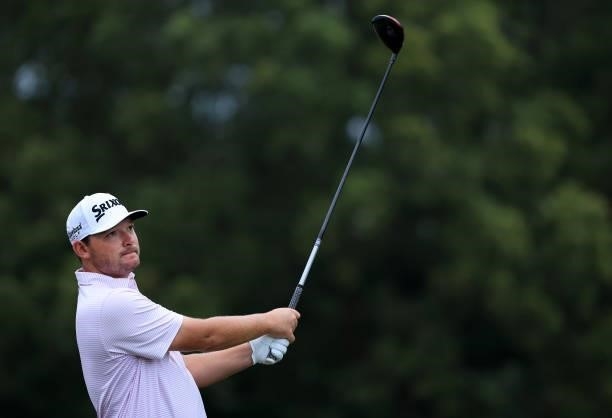 Matthew NeSmith plays his shot from the fifth teeduring round two of the Sanderson Farms Championship at Country Club of Jackson on October 01, 2021...