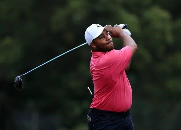 Harold Varner III plays his shot from the fifth tee during round two of the Sanderson Farms Championship at Country Club of Jackson on October 01,...
