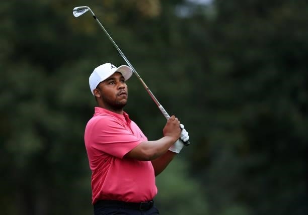 Harold Varner III plays his shot from the seventh tee during round two of the Sanderson Farms Championship at Country Club of Jackson on October 01,...