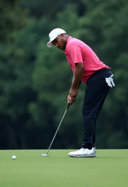 Harold Varner III putts for birdie on the fourth green during round two of the Sanderson Farms Championship at Country Club of Jackson on October 01,...