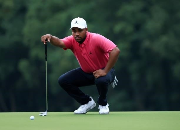 Harold Varner III lines up a putt for birdie on the fourth green during round two of the Sanderson Farms Championship at Country Club of Jackson on...