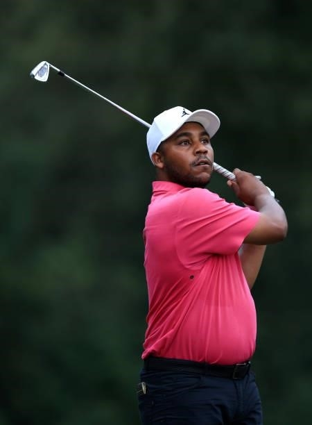 Harold Varner III plays his shot from the fourth tee during round two of the Sanderson Farms Championship at the Country Club of Jackson on October...