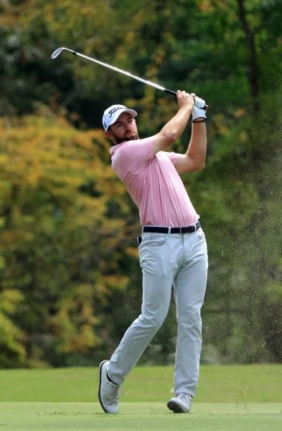 Cameron Young plays his shot from the 17th tee during round two of the Sanderson Farms Championship at the Country Club of Jackson on October 01,...