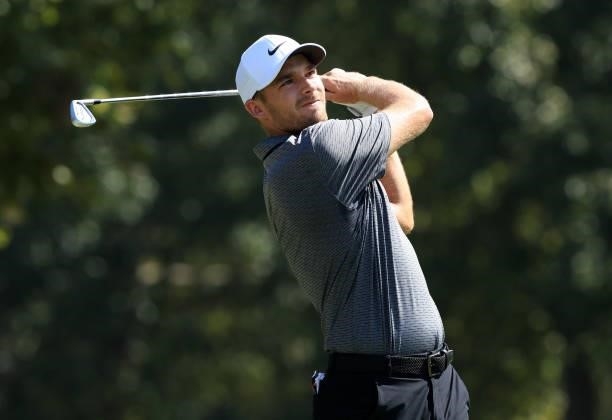 Aaron Wise plays his shot from the seventh tee during round two of the Sanderson Farms Championship at Country Club of Jackson on October 01, 2021 in...