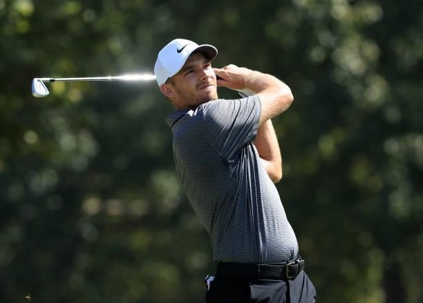 Aaron Wise plays his shot from the seventh tee during round two of the Sanderson Farms Championship at Country Club of Jackson on October 01, 2021 in...