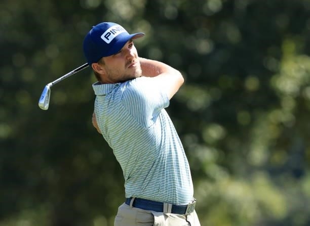 Austin Cook plays his shot from the seventh tee during round two of the Sanderson Farms Championship at Country Club of Jackson on October 01, 2021...