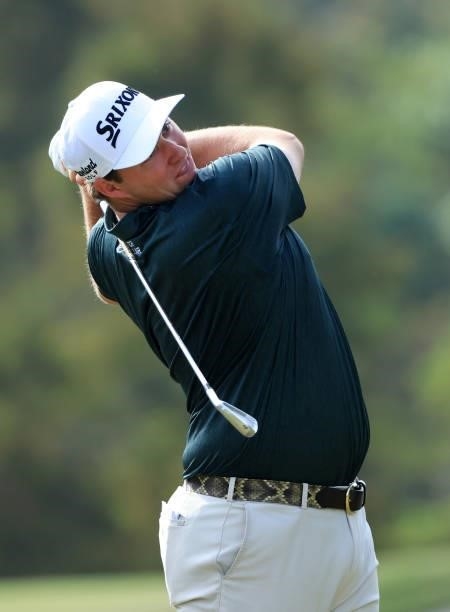 Sepp Straka plays his shot on the eighth hole during round two of the Sanderson Farms Championship at Country Club of Jackson on October 01, 2021 in...