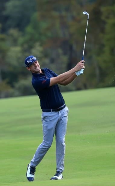 Lanto Griffin plays his shot on the 16th hole during round two of the Sanderson Farms Championship at Country Club of Jackson on October 01, 2021 in...