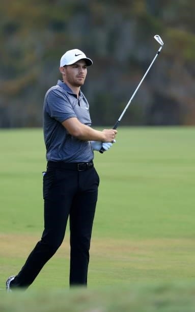 Aaron Wise plays his shot on the 16th hole during round two of the Sanderson Farms Championship at Country Club of Jackson on October 01, 2021 in...