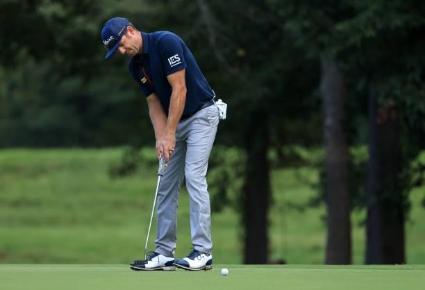 Lanto Griffin putts on the 15th hole during round two of the Sanderson Farms Championship at Country Club of Jackson on October 01, 2021 in Jackson,...
