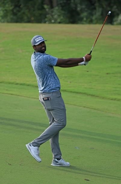 Sahith Theegala reacts to a shot on the 14th hole during round two of the Sanderson Farms Championship at Country Club of Jackson on October 01, 2021...