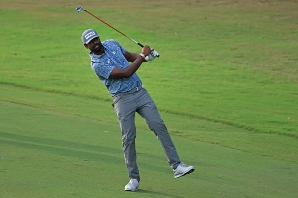 Sahith Theegala reacts to a shot on the 14th hole during round two of the Sanderson Farms Championship at Country Club of Jackson on October 01, 2021...