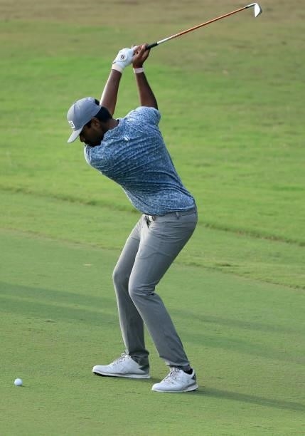 Sahith Theegala plays a shot on the 14th hole during round two of the Sanderson Farms Championship at Country Club of Jackson on October 01, 2021 in...