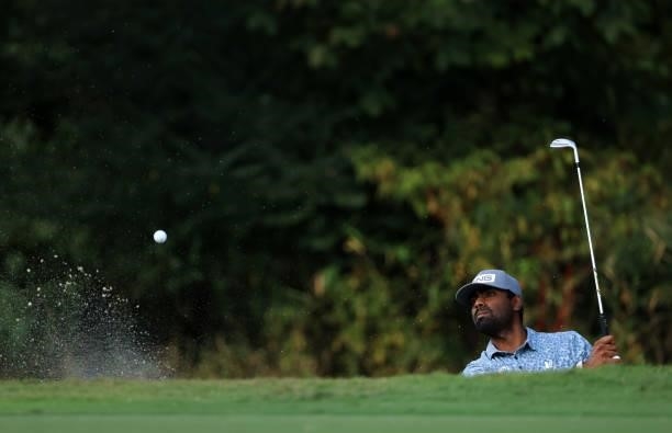 Sahith Theegala plays a shot on the 15th hole during round two of the Sanderson Farms Championship at Country Club of Jackson on October 01, 2021 in...