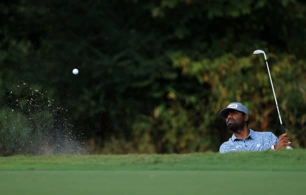 Sahith Theegala plays a shot on the 15 hole during round two of the Sanderson Farms Championship at Country Club of Jackson on October 01, 2021 in...