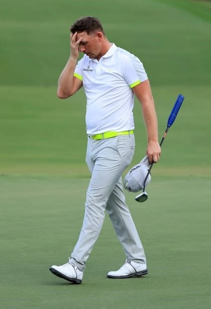 Matt Wallace of England reacts to his putt on the 18th green during round two of the Sanderson Farms Championship at Country Club of Jackson on...