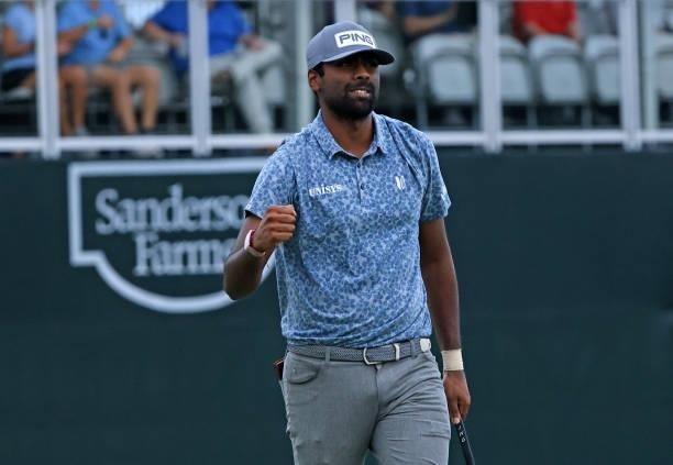 Sahith Theegala reacts to a birdie on the 18th green during round two of the Sanderson Farms Championship at Country Club of Jackson on October 01,...