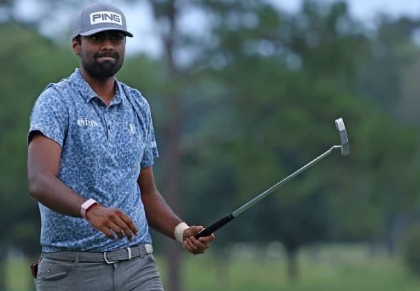 Sahith Theegala reacts to a birdie on the 18th green during round two of the Sanderson Farms Championship at Country Club of Jackson on October 01,...