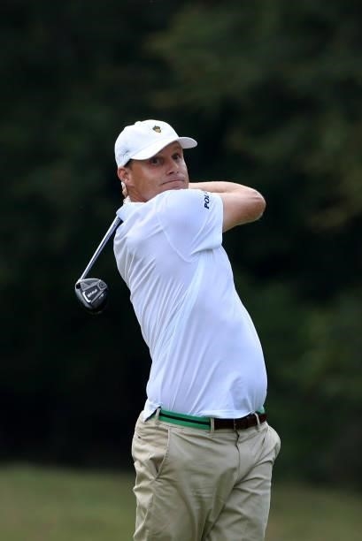 Nick Watney plays his shot on the 14th hole during round two of the Sanderson Farms Championship at Country Club of Jackson on October 01, 2021 in...