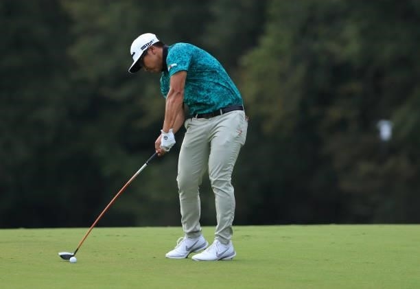Kurt Kitayama plays his shot on the 14th hole during round two of the Sanderson Farms Championship at Country Club of Jackson on October 01, 2021 in...
