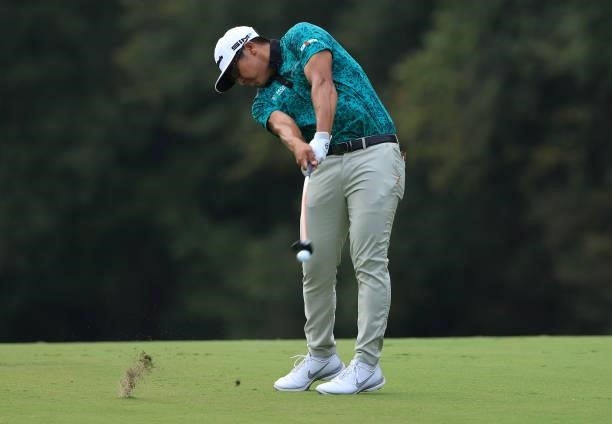 Kurt Kitayama plays his shot on the 14th hole during round two of the Sanderson Farms Championship at Country Club of Jackson on October 01, 2021 in...