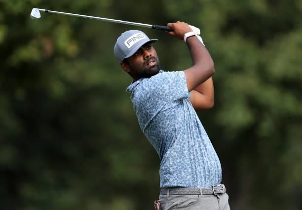Sahith Theegala plays his shot from the seventh tee during round two of the Sanderson Farms Championship at Country Club of Jackson on October 01,...