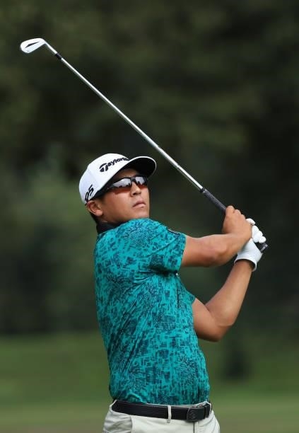 Kurt Kitayama plays his shot from the seventh tee during round two of the Sanderson Farms Championship at Country Club of Jackson on October 01, 2021...