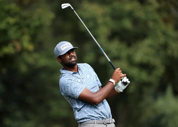 Sahith Theegala plays his shot from the seventh tee during round two of the Sanderson Farms Championship at Country Club of Jackson on October 01,...