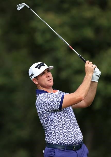Luke List plays his shot from the seventh tee during round two of the Sanderson Farms Championship at Country Club of Jackson on October 01, 2021 in...