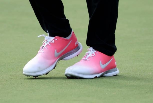 Wyndham Clark wears pink shoes in support of Breast Cancer Awareness Month during round two of the Sanderson Farms Championship at Country Club of...