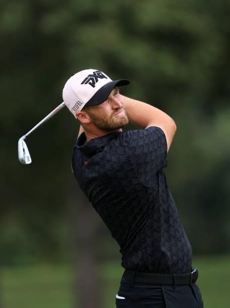Wyndham Clark plays his shot from the seventh tee during round two of the Sanderson Farms Championship at Country Club of Jackson on October 01, 2021...