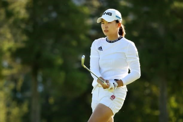 Hinako Shibuno of Japan reacts after her second shot on the 10th hole during the second round of the 54th Japan Women's Open Golf Championship at...