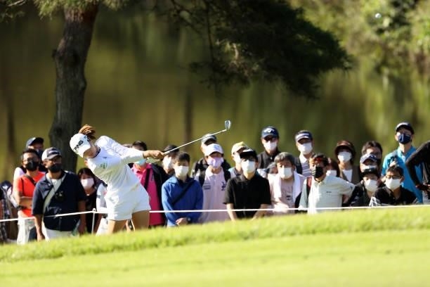 Hinako Shibuno of Japan hits her second shot on the 12th hole during the second round of the 54th Japan Women's Open Golf Championship at...