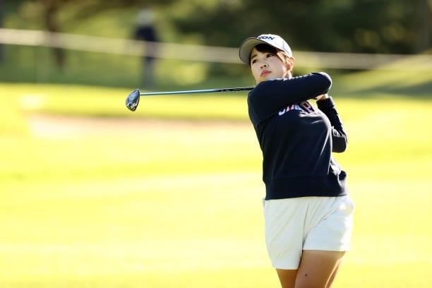 Miyuu Yamashita of Japan hits her second shot on the 10th hole during the second round of the 54th Japan Women's Open Golf Championship at...