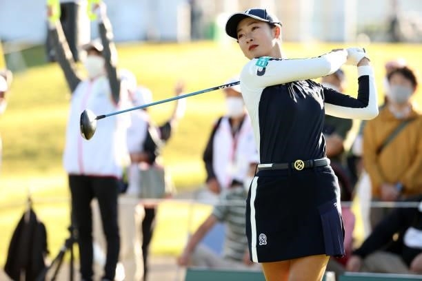 Rei Matsuda of Japan hits her tee shot on the 10th hole during the second round of the 54th Japan Women's Open Golf Championship at Karasuyamajo...