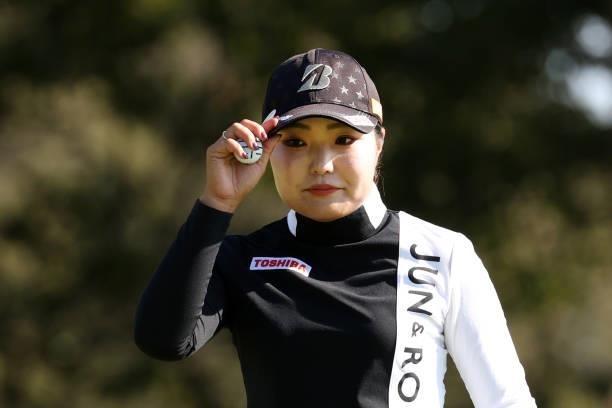 Sayaka Takahashi of Japan acknowledges fns after the birdie on the 12th green during the second round of the 54th Japan Women's Open Golf...