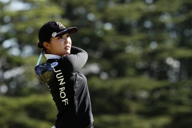Sayaka Takahashi of Japan hits her tee shot on the 13th hole during the second round of the 54th Japan Women's Open Golf Championship at Karasuyamajo...