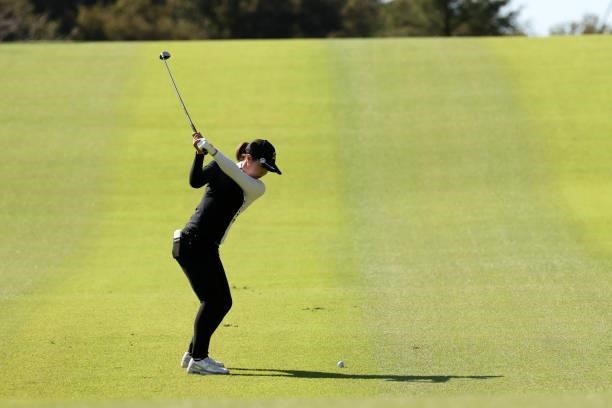 Sayaka Takahashi of Japan hits her second shot on the 13th hole during the second round of the 54th Japan Women's Open Golf Championship at...