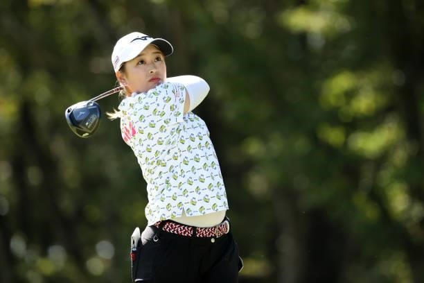 Mao Saigo of Japan hits her tee shot on the 14th hole during the second round of the 54th Japan Women's Open Golf Championship at Karasuyamajo...