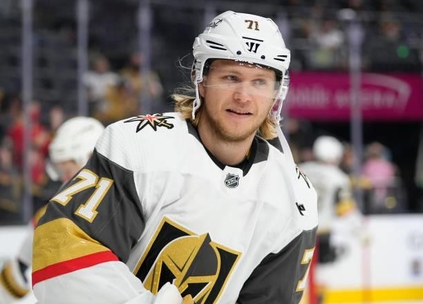William Karlsson of the Vegas Golden Knights warms up prior to against the Los Angeles Kings at T-Mobile Arena on October 01, 2021 in Las Vegas,...