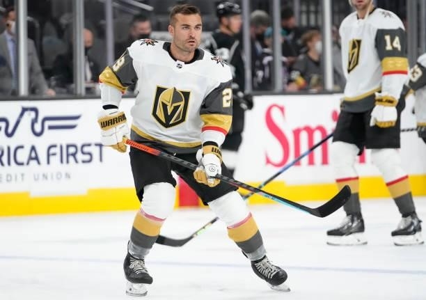William Carrier of the Vegas Golden Knights warms up prior to against the Los Angeles Kings at T-Mobile Arena on October 01, 2021 in Las Vegas,...