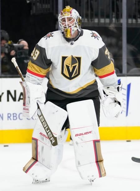 Laurent Brossoit of the Vegas Golden Knights warms up prior to against the Los Angeles Kings at T-Mobile Arena on October 01, 2021 in Las Vegas,...